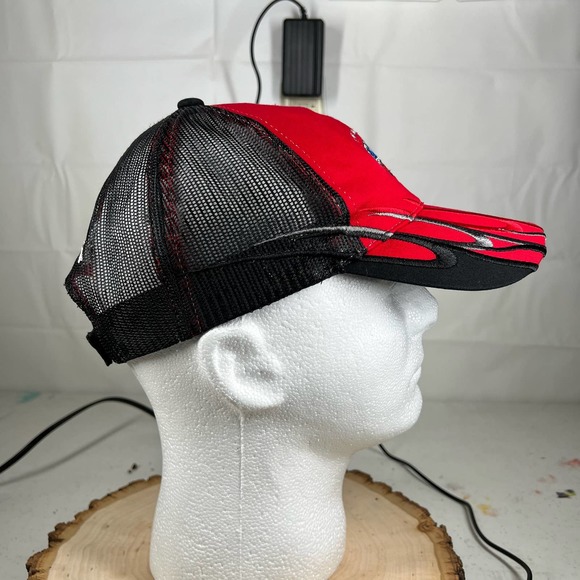 Racing Trucker Embroidered Baseball Cap Hat Red Black Flames Streetwear Vintage - Picture 6 of 9